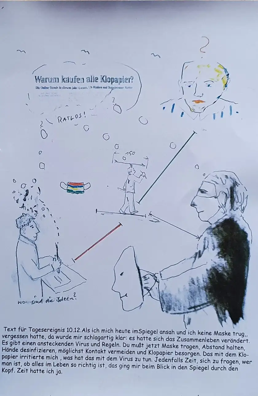 Ein Auszug aus Reckers Tagebuch mit Skizze und Text. Für jeden Tag im Jahr 2021 wurden etwas angefertigt. Foto: Kulturressort