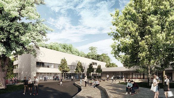 So soll der neue Kaisen-Campus in Huckelriede aussehen. Grafik: gmp/ scoopimages