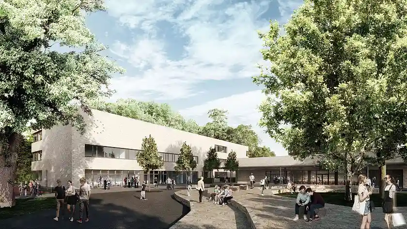 So soll der neue Kaisen-Campus in Huckelriede aussehen. Grafik: gmp/ scoopimages