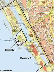 Feuerwerksverbotszone rund um den Zoo am Meer. In Bereich 1 gilt ein dauerhaftes Feuerwerksverbot. In Bereich 2 darf zwischen 18 Uhr am 31. Dezember und 1 Uhr am 1. Januar Feuerwerk stattfinden.