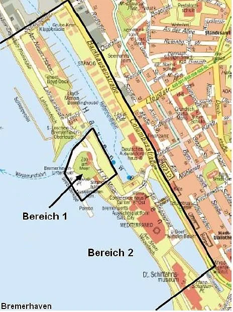 Feuerwerksverbotszone rund um den Zoo am Meer. In Bereich 1 gilt ein dauerhaftes Feuerwerksverbot. In Bereich 2 darf zwischen 18 Uhr am 31. Dezember und 1 Uhr am 1. Januar Feuerwerk stattfinden.