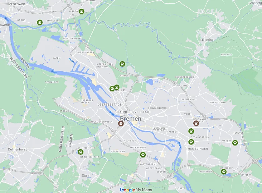Übersicht über Freilaufmöglichkeiten für Hunde in Bremen. Grafik: Umweltressort