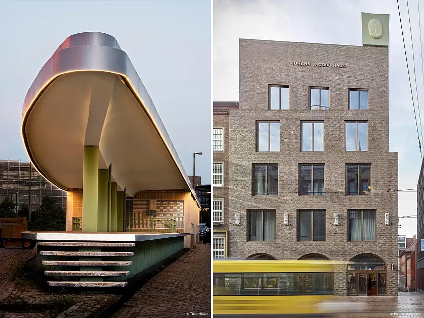 Zwei der vier ausgezeichneten Bauprojekte: Sanierung eines denkmalgeschützten Zollgebäudes (links, Architekten FSB / Cells Group) in der Bremer Überseestadt (Foto: Thilo Müller) und das Johann-Jacobs-Haus (rechts, Felgendreher Olfs Köchling Architekten / Obernstraße 20 GmbH) in der Obernstraße (Foto: Philip Heckhausen).