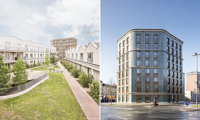 Die anderen beiden prämierten Bauten: Das Stiftungsdorf Ellener Hof - Baufeld 1, Haus 2 und 4 (links, gruppeomp Architektengesellschaft mbH BDA) der Bremer Heimstiftung (Foto: Caspar Sessler) und das Grüne Haus (rechts, Hild und K / GEWOBA) am Hohentorsplatz  (Foto: Michael Heinrich).