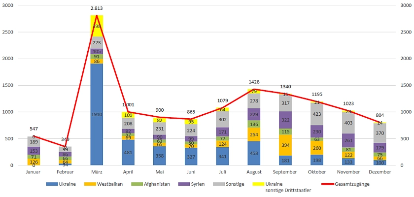 Die Grafik zeigt die Zugänge in die Erstaufnahmeeinrichtungen des Landes Bremen nach Monaten und Herkunftsländern. Quelle: SJIS