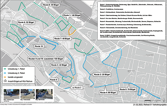 Begangene Routen in der erweiterten Innenstadt - Umsetzungsstand Fahrradbügel auf Kfz-Stellplätzen Februar 2023.