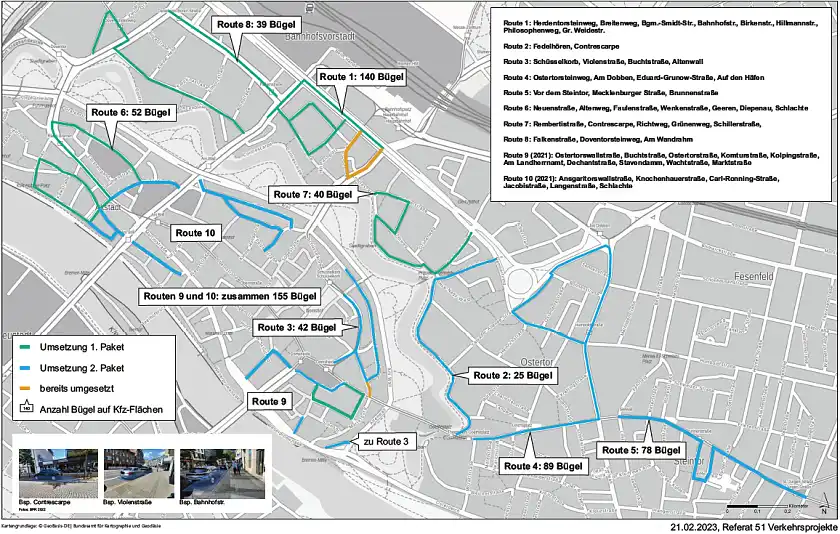 Begangene Routen in der erweiterten Innenstadt - Umsetzungsstand Fahrradbügel auf Kfz-Stellplätzen Februar 2023.