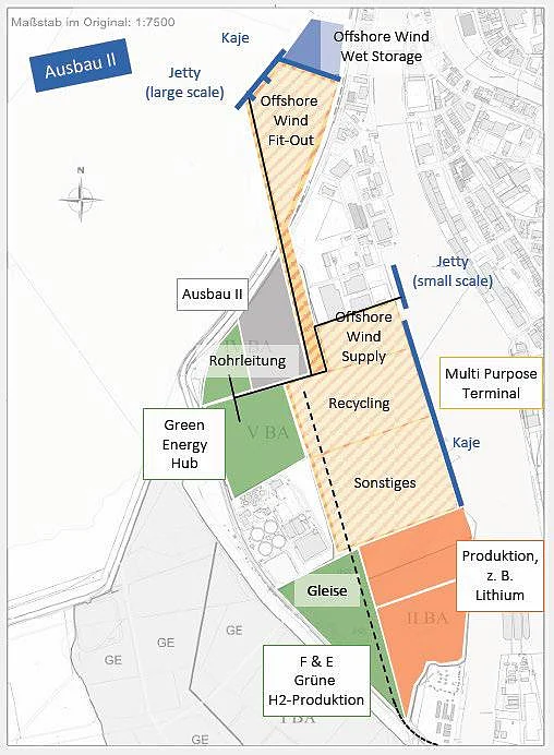 Layoutvarianten für einen modularen Ausbau (Quelle: Hanseatic Transport Consultancy, Fichtner, Fichtner Water & Transportation, Potenzialstudie Südlicher Fischereihafen)