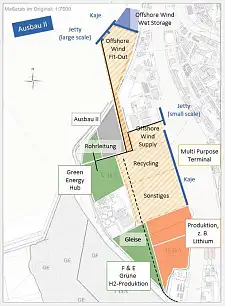 Layoutvarianten für einen modularen Ausbau (Quelle: Hanseatic Transport Consultancy, Fichtner, Fichtner Water & Transportation, Potenzialstudie Südlicher Fischereihafen)