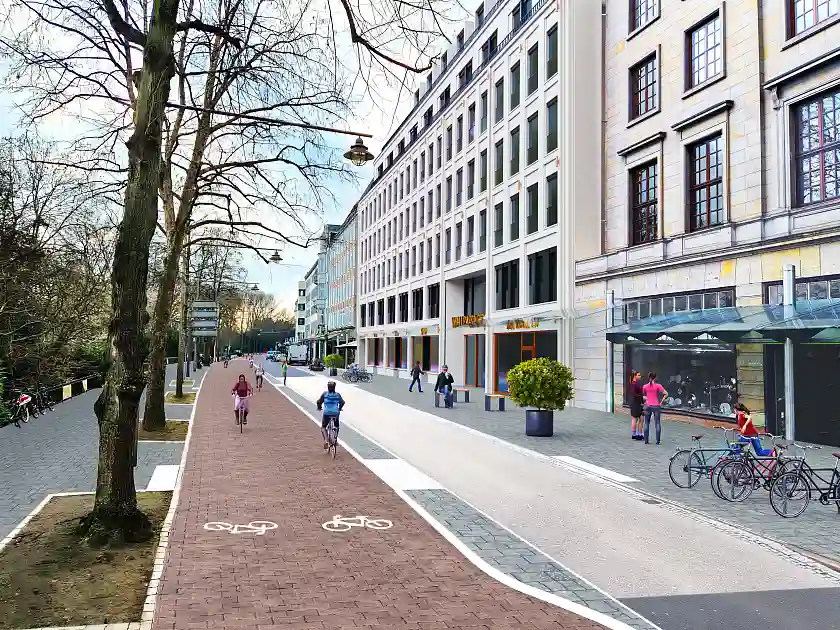Erste Visualisierungen des Wallboulevards in Höhe des Wallkontors, die jetzt als Planungsskizze für die weitere Umgestaltung der Einkaufs- und Genussmeile dienen. Grafik: SKUMS