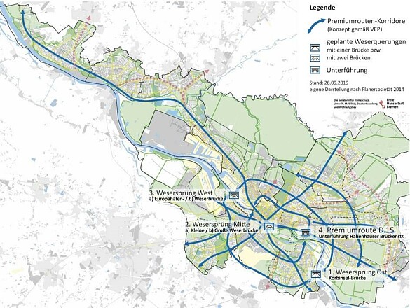 Übersicht über die geplanten Weserquerungen sowie die Radpremiumrouten , Quelle: SKUMS