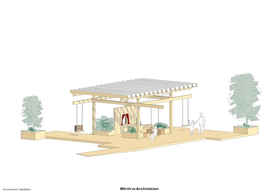 Noch laufen die Bauarbeiten: Vor der NordLB entsteht bis Ende Juni ein barrierefreier Schaukel-Spielplatz für Kinder. Zeichnung: Wirth-Architekten