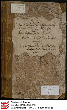 Der Außeneinband eines Zivilstandsregisters zum Kirchspiel Lesum 1810. Foto: Staatsarchiv