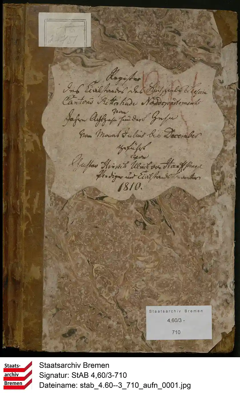Der Außeneinband eines Zivilstandsregisters zum Kirchspiel Lesum 1810. Foto: Staatsarchiv