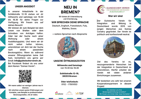 Flyer des Beratungsangebotes vom Innenressort, dem Guineischen Verein für Integration und Bildung in Deutschland und dem Verein House of Ressources.