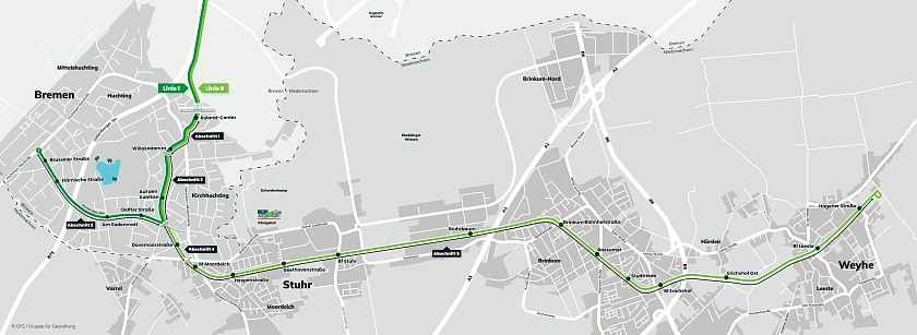 Der Streckenverlauf der Linien 1 und 8. Bild: Gruppe für Gestaltung