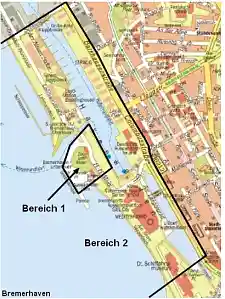 Feuerwerksverbotszone rund um den Zoo am Meer. In Bereich 1 gilt ein dauerhaftes Feuerwerksverbot. In Bereich 2 darf zwischen 18 Uhr am 31. Dezember und 1 Uhr am 1. Januar Feuerwerk stattfinden, im restlichen Jahr gilt auch hier ein Feuerwerksverbot.