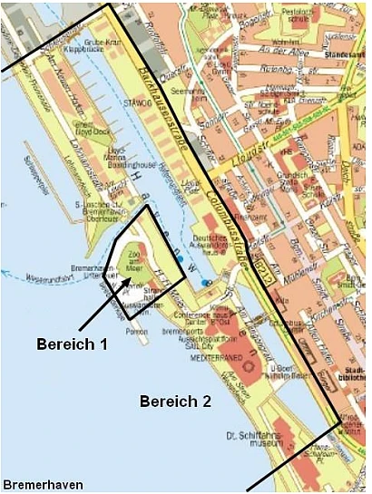 Feuerwerksverbotszone rund um den Zoo am Meer. In Bereich 1 gilt ein dauerhaftes Feuerwerksverbot. In Bereich 2 darf zwischen 18 Uhr am 31. Dezember und 1 Uhr am 1. Januar Feuerwerk stattfinden, im restlichen Jahr gilt auch hier ein Feuerwerksverbot.