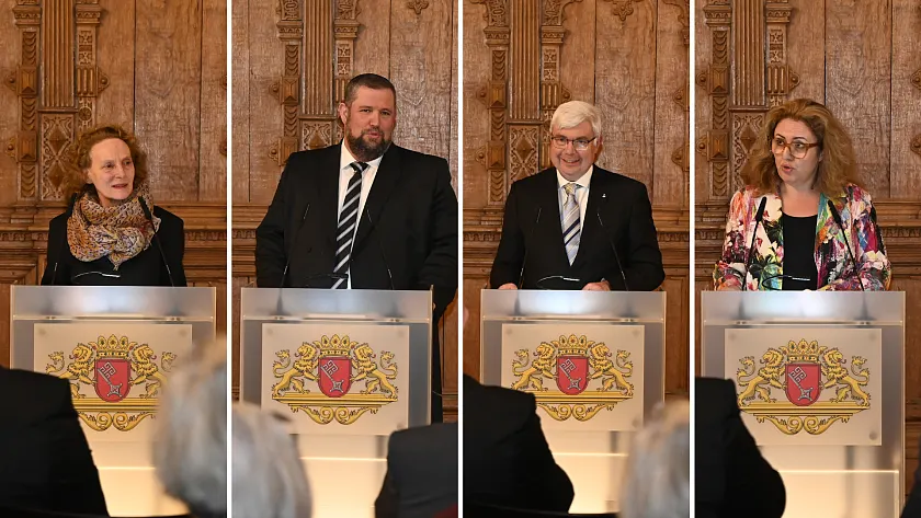 v.l.n.r.: Elvira Noa (Vorsitzende der Jüdischen Gemeinde), Landesrabbiner Natanel Teitelbaum, Bernd Kuschnerus (Bremische Evangelische Kirche), Senatorin Özlem Ünsal. Fotos: Senatspressestelle