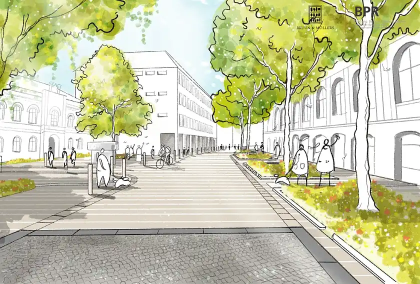 Visualisierung der klimaangepassten Dechanatstraße aus der Entwurfsplanung. Foto: Bruun & Möllers GmbH & CO. KG Garten- und Landschaftsarchitektur