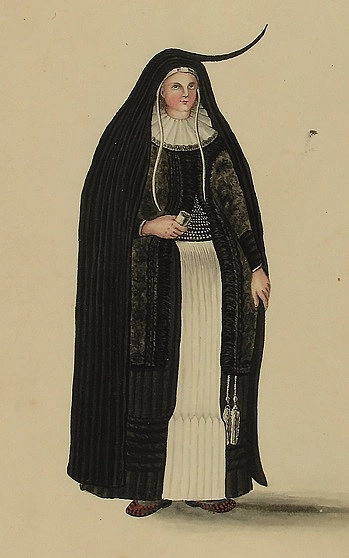Abbildung aus der Koster-Chronik mit einer Bremer Bürgerin um 1600 mit einem Tiphoiken. Foto: Kulturressort