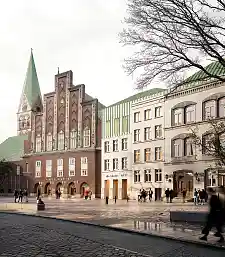 Der Neubau der Glocke zeigt sich zur Domsheide respektvoll und nimmt die Gliederung der Bestandsfassade (Domsheide 5) auf, dadurch fügt er sich behutsam in das Stadtbild ein. Bild: JSWD Architekten GmbH & Co. KG, Köln, DE mit GINA Barcelona Architects A.I.E. (W.I.V.), Barcelona, ES