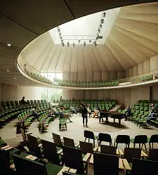 Der Saal verfügt über ein unverwechselbares architektonisches Profil und ermöglicht eine direkte Begegnung zwischen Künstlerinnen und Künstlern und dem Publikum. Bild: JSWD Architekten GmbH & Co. KG, Köln, DE mit GINA Barcelona Architects A.I.E. (W.I.V.), Barcelona, ES