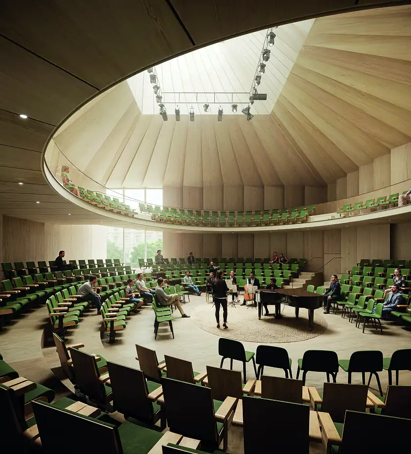 Der Saal verfügt über ein unverwechselbares architektonisches Profil und ermöglicht eine direkte Begegnung zwischen Künstlerinnen und Künstlern und dem Publikum. Bild: JSWD Architekten GmbH & Co. KG, Köln, DE mit GINA Barcelona Architects A.I.E. (W.I.V.), Barcelona, ES