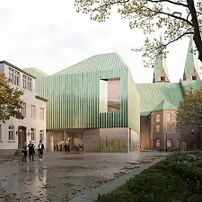 Die kompakte und einfache Grundform des Neubaus stellt das Oktagon frei und gliedert sich selbstverständlich in den historischen Baumhof ein. Bild: JSWD Architekten GmbH & Co. KG, Köln, DE mit GINA Barcelona Architects A.I.E. (W.I.V.), Barcelona, ES