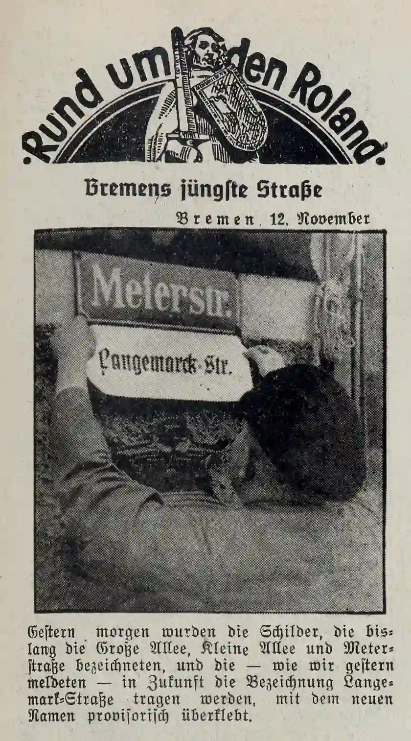 Umbenennung der Meterstraße in Langemarckstraße – Meldung aus der Bremer Zeitung vom 12. November 1937.