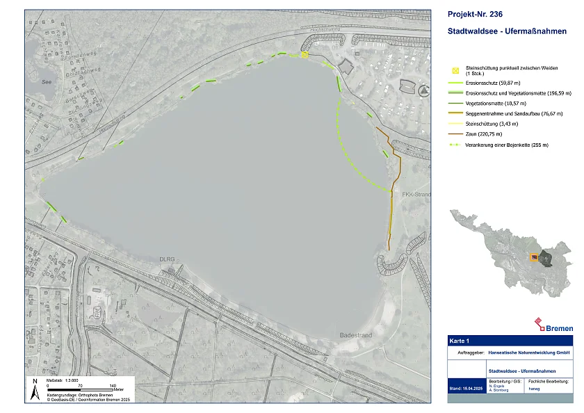 Die Abbildung zeigt die geplanten Maßnahmen zur Ufersicherung und zum Schutz der Schilfbestände. 