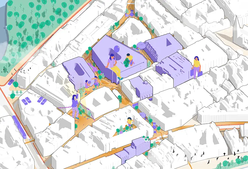 Der westliche Kernbereich im Aktionsplan Centrum Bremen 2030+: Ehemalige Kaufhäuser, das Parkhaus Mitte und leerstehende Bank- und Bürogebäude werden umgebaut oder ersetzt. Es entstehen lebendige Orte mit einem Nutzungsmix aus Einzelhandel, Gastronomie, Kultur, Bildung, Freizeit und Wohnen. 