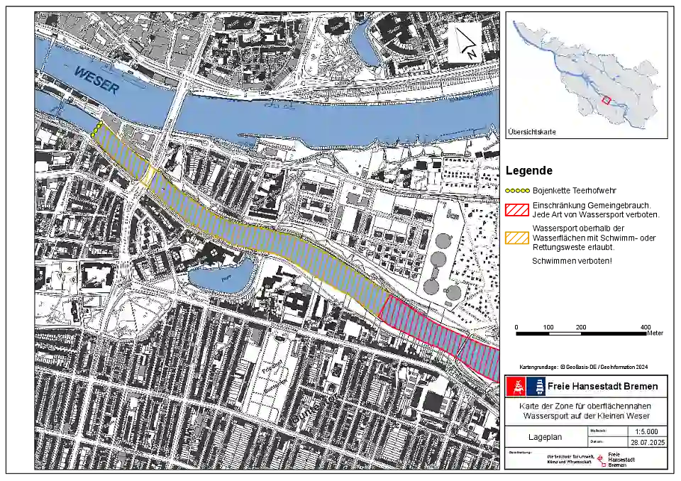 Karte der Zone auf der Kleinen Weser, in der Wassersort oberhalb der Wasserflächen mit Schwimm- und Rettungswesten erlaubt ist. 