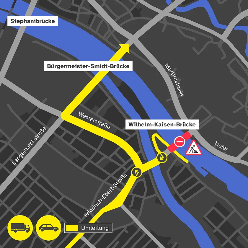 Umleitung für Pkw und Lkw bis 16t aus der Neustadt Richtung Mitte.