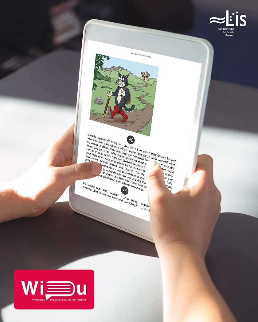 Ein Schüler nutzt ein WiDu-eBook mit Hörfunktion: Die Werkstatt inklusiver Deutschunterricht bietet digitale, barrierefreie Lernmaterialien für alle – ideal für schwächere Lesende. 