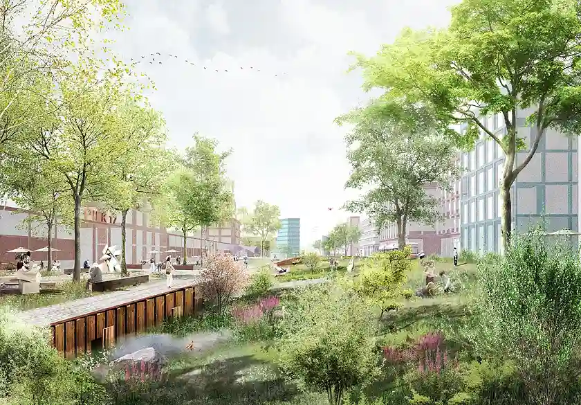 Das ehemalige Hafenbecken wird als Grünes Hafenbecken in den Hafenpark eingebunden. 