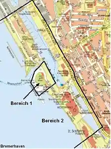 Feuerwerksverbotszone rund um den Zoo am Meer. In Bereich 1 gilt ein dauerhaftes Feuerwerksverbot. In Bereich 2 darf zwischen 18 Uhr am 31. Dezember 2025 und 1 Uhr am 1. Januar 2026 Feuerwerk stattfinden, im restlichen Jahr gilt auch hier ein Feuerwerksverbot.