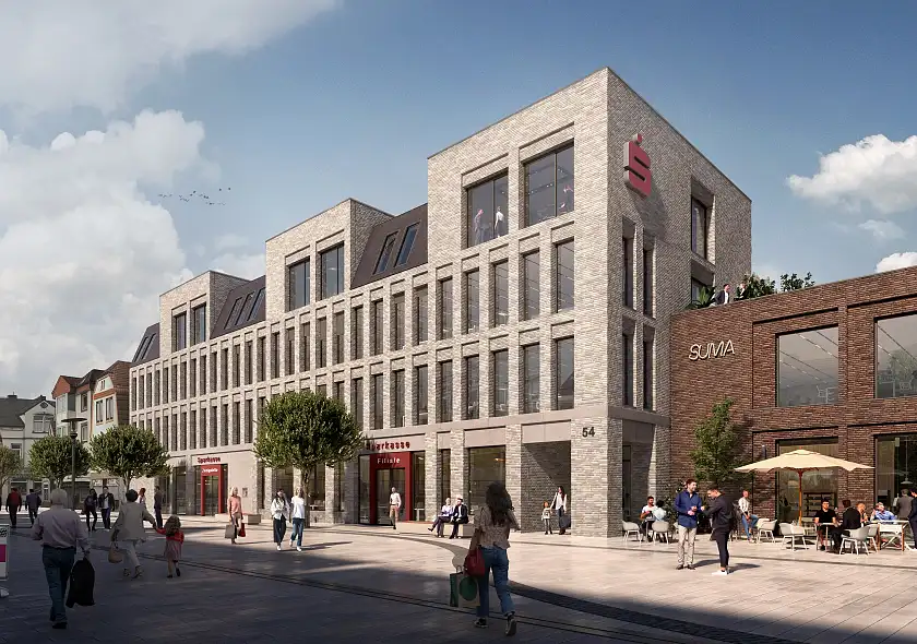 So soll es künftig auf dem Sedanplatz in Bremen-Vegesack aussehen. Auf dem Grundstück des ersten Bauabschnitts wird ein Geschäftshaus errichtet, in dem die Stadtteilfiliale der Sparkasse Bremen sowie Praxisflächen einziehen werden.