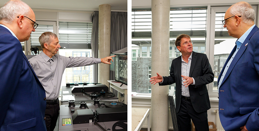 Bürgermeister Andreas Bovenschulte im Gespräch mit den Geschäftsführenden Gesellschaftern von Cube-Tec International GmbH: Links im Bild mit Jörd Houpert und recht mit Tom Lorenz. 