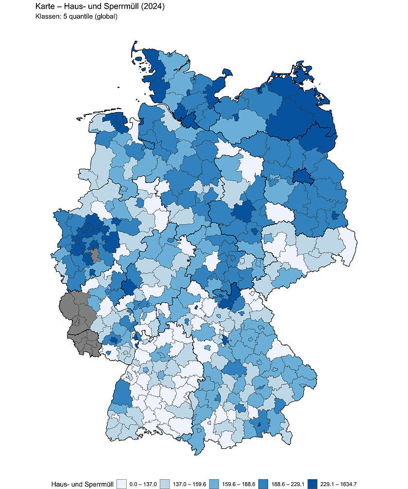 Pro-Kopf-Aufkommen des Haus- und Sperrmülls je Kreis und freier Stadt in Deutschland 2024, in Kilogramm. 