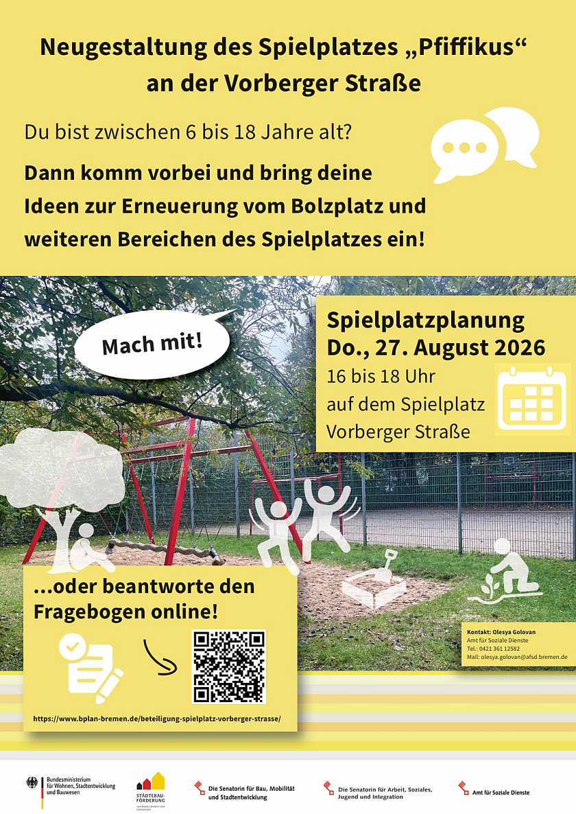 Plakat zu der Neugestaltung des Spielplatztes mit Informationen und Bildern.