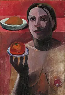 Paula Modersohn-Becker, Halbakt einer Italienerin mit Teller in der erhobenen Hand, Herbst 1906, Privatbesitz
