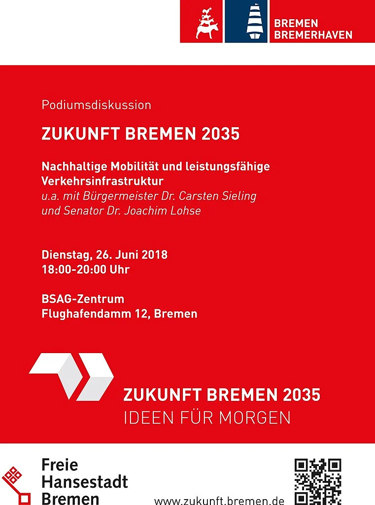 "Zukunft Bremen 2035": Podiumsdiskussion zu Mobilit&auml;t und Verkehr - Plakat zur Veranstaltung